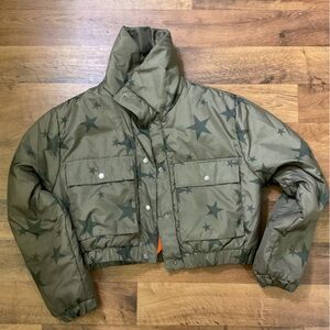Jou Jou Star Pattern Olive Puffer Jacket